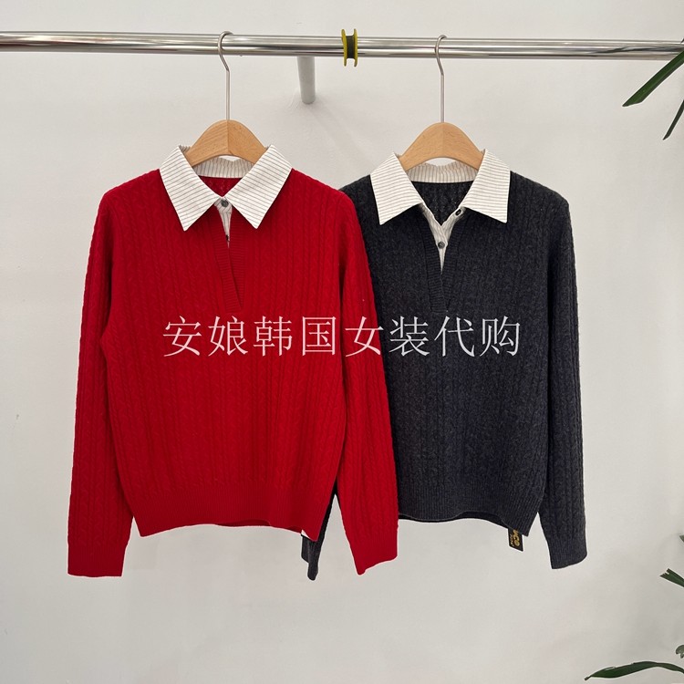 安娘韩国代购东大门女装2025冬新翻领拼接麻花纹长袖假两件针织衫