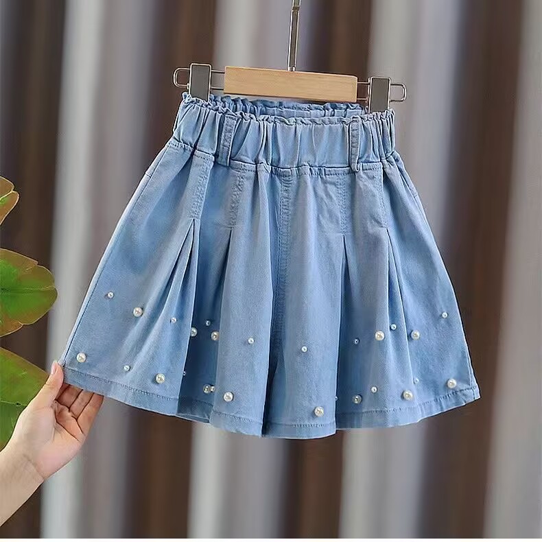 女童牛仔珍珠短裤裙夏季新款女孩时髦半身裙百褶裙薄儿童百搭裙裤
