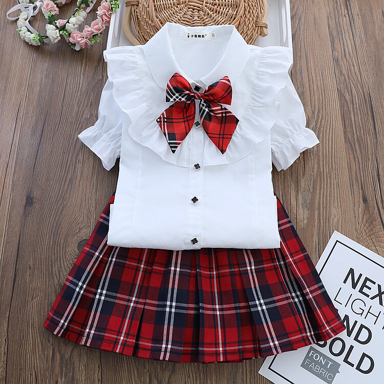 女童短袖套装中大儿童夏季纯棉女孩洋气白衬衫纯色短裙小学生校服