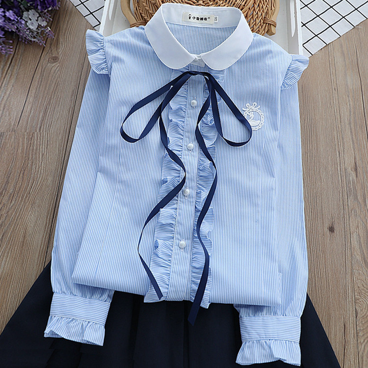 女童衬衫长袖女孩衬衣儿童纯棉打底中大童春秋夏寸衫童装娃娃领L8