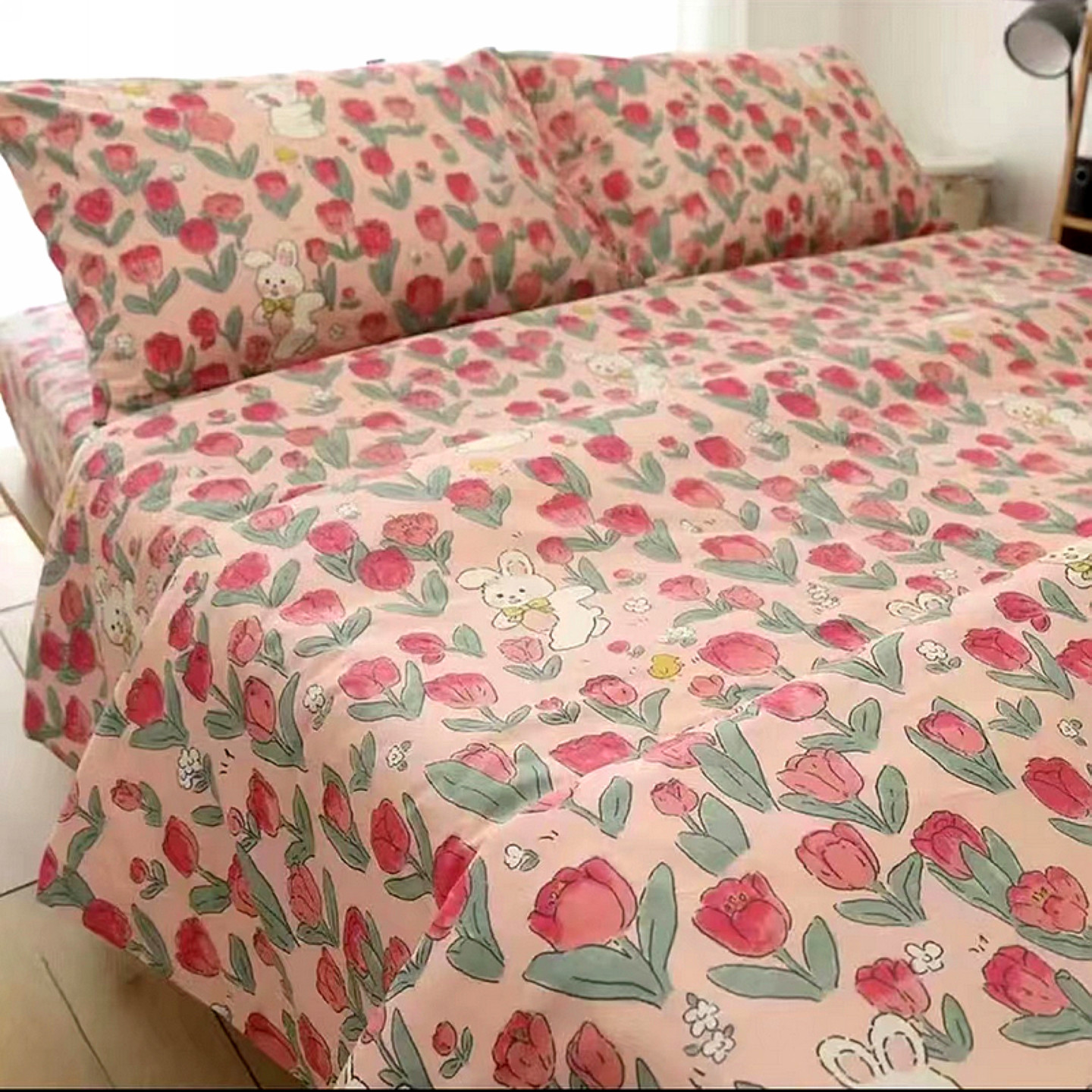 红色郁金香小兔四件套被套床单床笠印花被罩纯棉40支斜纹柔软纯色