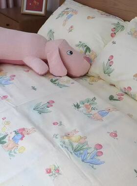 淡黄色小棕兔全棉小碎花四件套被套床单床笠印花被罩纯棉40支斜纹