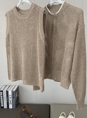 意大利BC闪耀镂空老钱风早秋圆领背心棉麻珠片时髦开衫外套女士