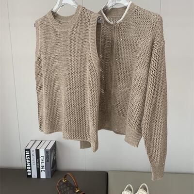 意大利BC闪耀镂空老钱风早秋圆领背心棉麻珠片时髦开衫外套女士