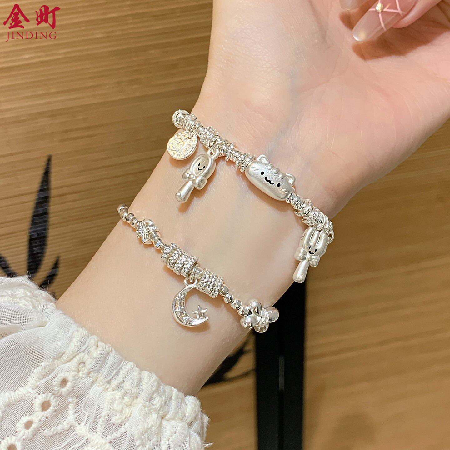桃星月盘缠手链足银999纯银女生法棍猫叉星多宝手串叠戴闺蜜手饰