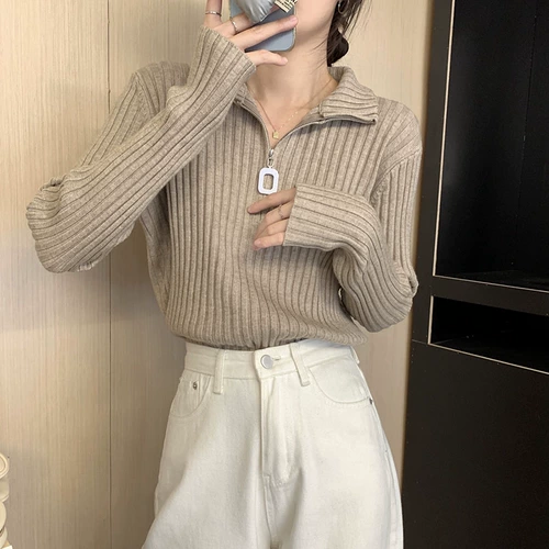 Трикотажный весенний свитер с молнией, лонгслив, большой размер, по фигуре