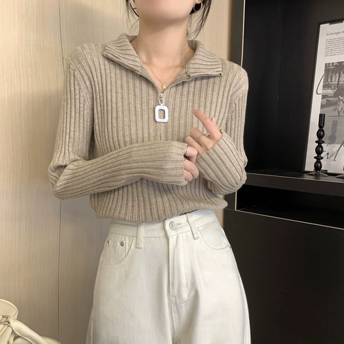 Трикотажный весенний свитер с молнией, лонгслив, большой размер, по фигуре