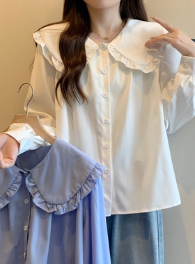 大码娃娃领法式长袖蓝色衬衫女早秋季设计感小众显瘦洋气减龄上衣