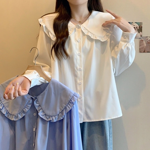 女早秋季 大码 蓝色衬衫 长袖 设计感小众显瘦洋气减龄上衣 娃娃领法式