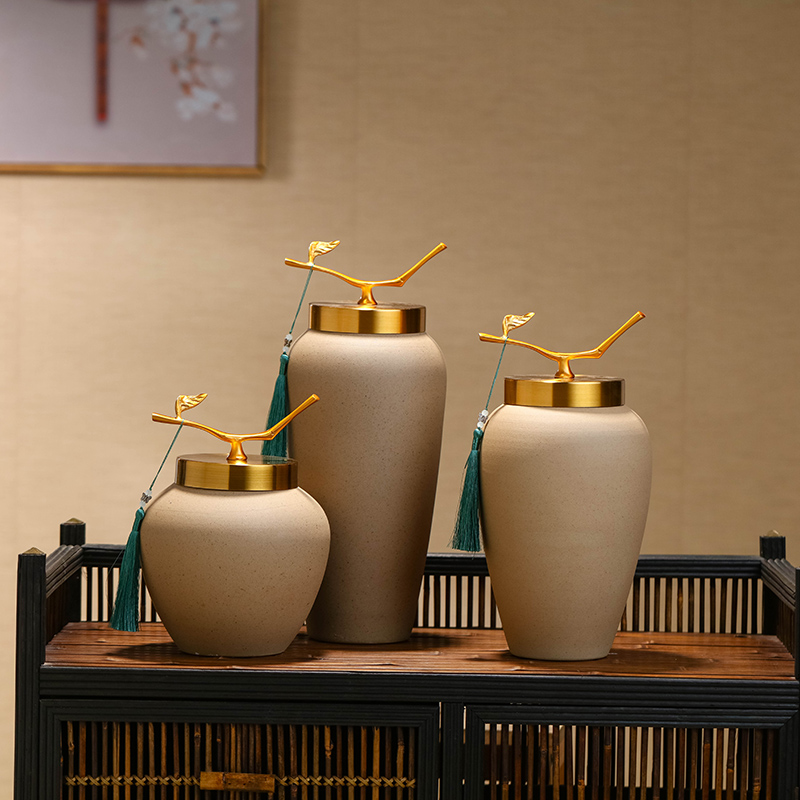 景德镇复古新中式陶罐侘寂风装饰品玄关电视柜插花水培陶瓷花瓶