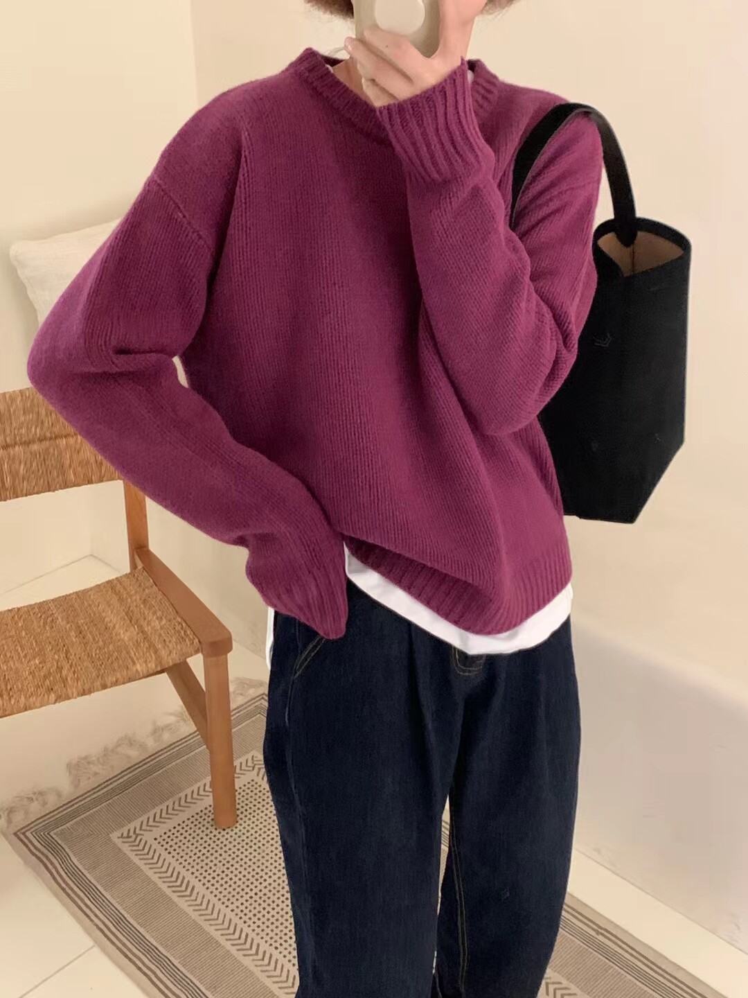 加厚款纯色冬季简约高级感圆领全羊毛女毛衣百搭宽松套头针织衫