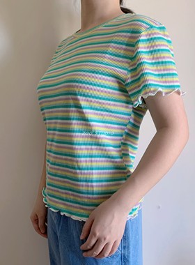 6⑧！工厂大货~2022新款缤纷夏日条纹修身针织衫短袖女T恤上衣女