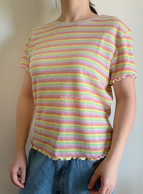 六⑧！工厂大货~2022夏季新款条纹修身罗纹针织衫短袖女T恤上衣女