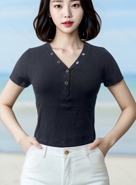 针织女装V领假钮显瘦百搭休闲上衣