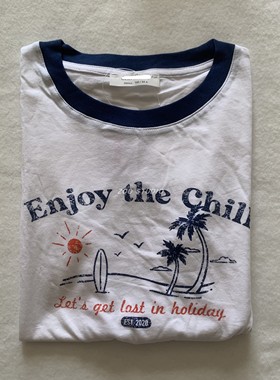 工厂圆单6*8~2022年夏新款INS度假风休闲印花T恤女短袖带高腰抽绳