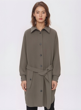 M家秋冬新款手工纯羊毛 系带单排扣大衣外套