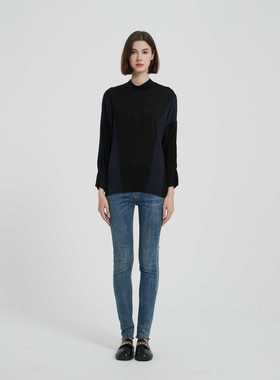 潮奢蝙蝠袖针织真丝半高圆领拼色女士上衣