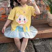 女童短袖 连衣裙2024夏季 中小童公主印花网纱花边裙摆宽松T恤裙子