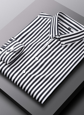 2022春款黑白条纹长袖衬衫男宽松衬衣男士韩版潮流外套休闲帅气