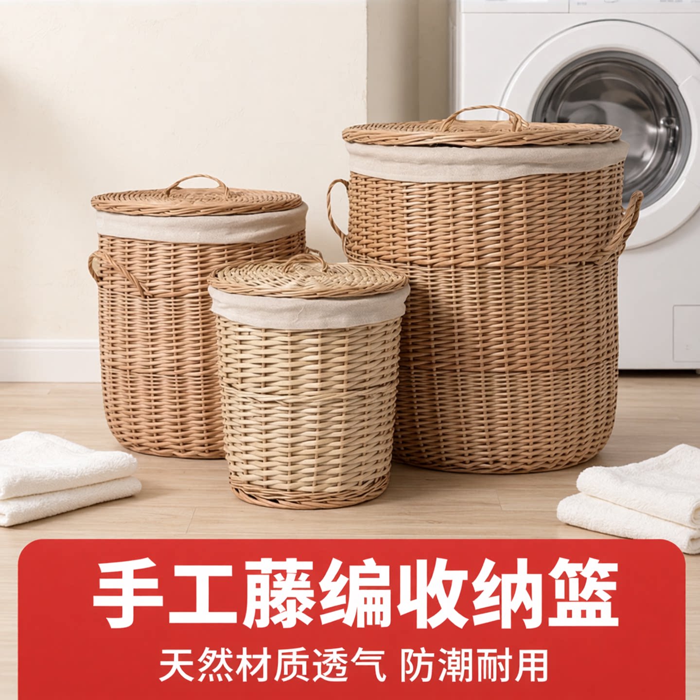 手工藤编带盖脏衣篮家用收纳篮子超大号北欧ins风简约编织储物桶
