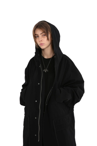 [UNKNOWNWORLD FW2020 封面印花黑色水洗Parka连帽鱼尾风衣外套]