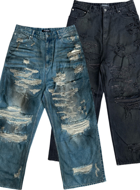 UNKNOWNWORLD 25SS 破坏boro泥染擦色做旧宽松Baggy牛仔裤