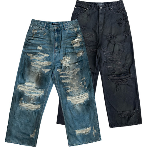 UNKNOWNWORLD 25SS 破坏boro泥染擦色做旧宽松Baggy牛仔裤