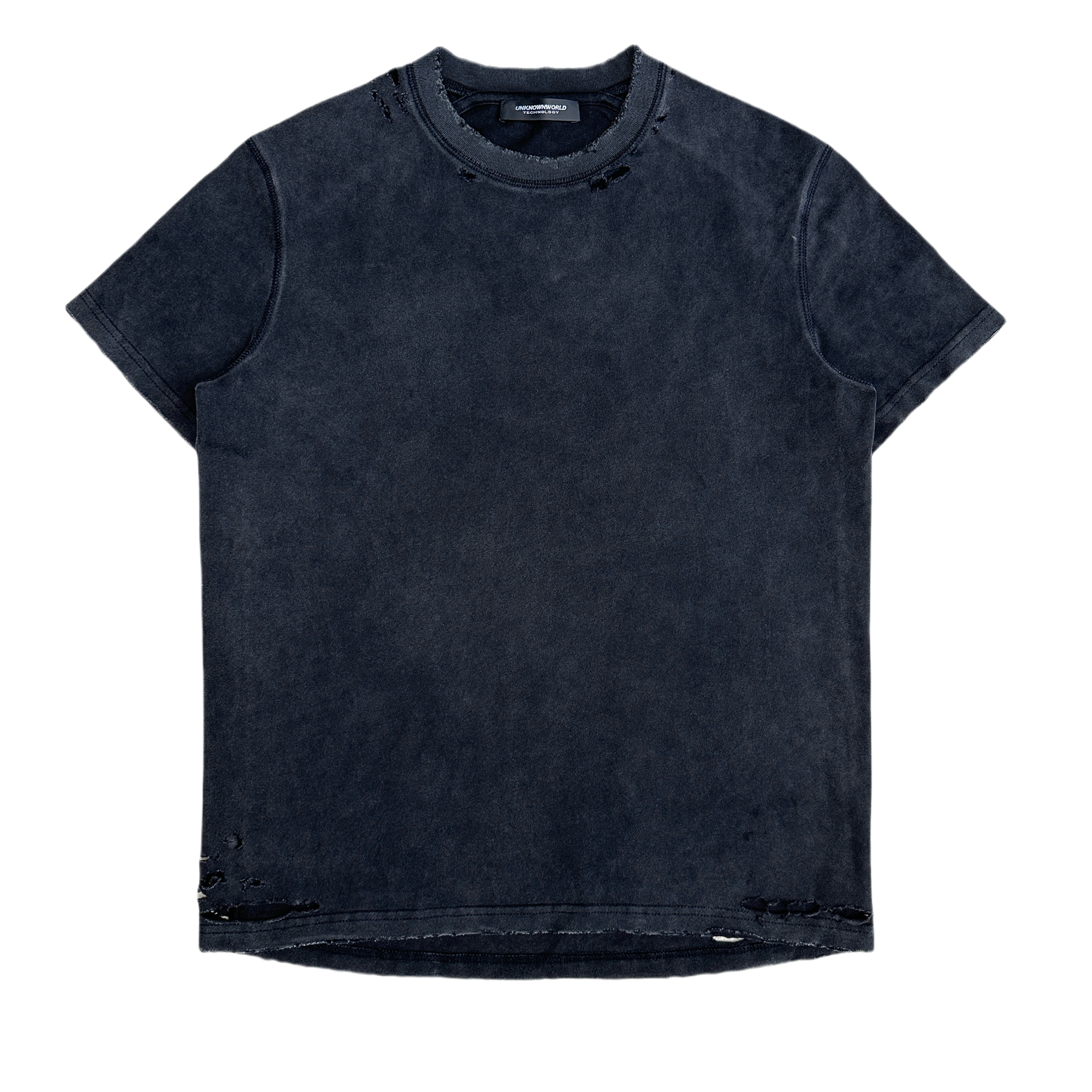 UNKNOWNWORLD 25SS 黑色水洗做旧破坏磨毛正肩修身剪裁T恤