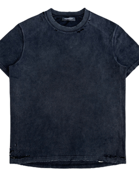 UNKNOWNWORLD 25SS 黑色水洗做旧破坏磨毛正肩修身剪裁T恤