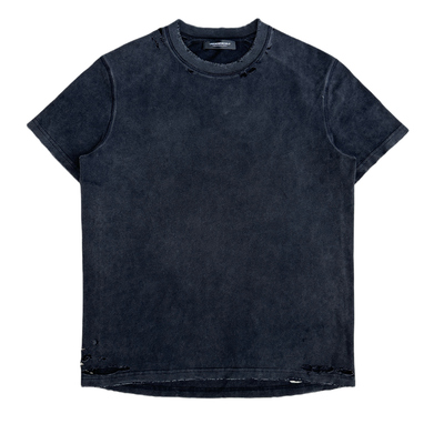 UNKNOWNWORLD 25SS 黑色水洗做旧破坏磨毛正肩修身剪裁T恤