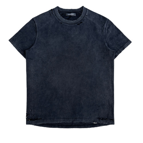 UNKNOWNWORLD 25SS 黑色水洗做旧破坏磨毛正肩修身剪裁T恤