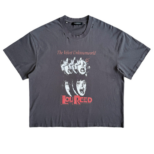 UNKNOWNWORLD 25SS 水洗做旧破坏磨毛 未知天鹅绒虚拟乐队印花T恤