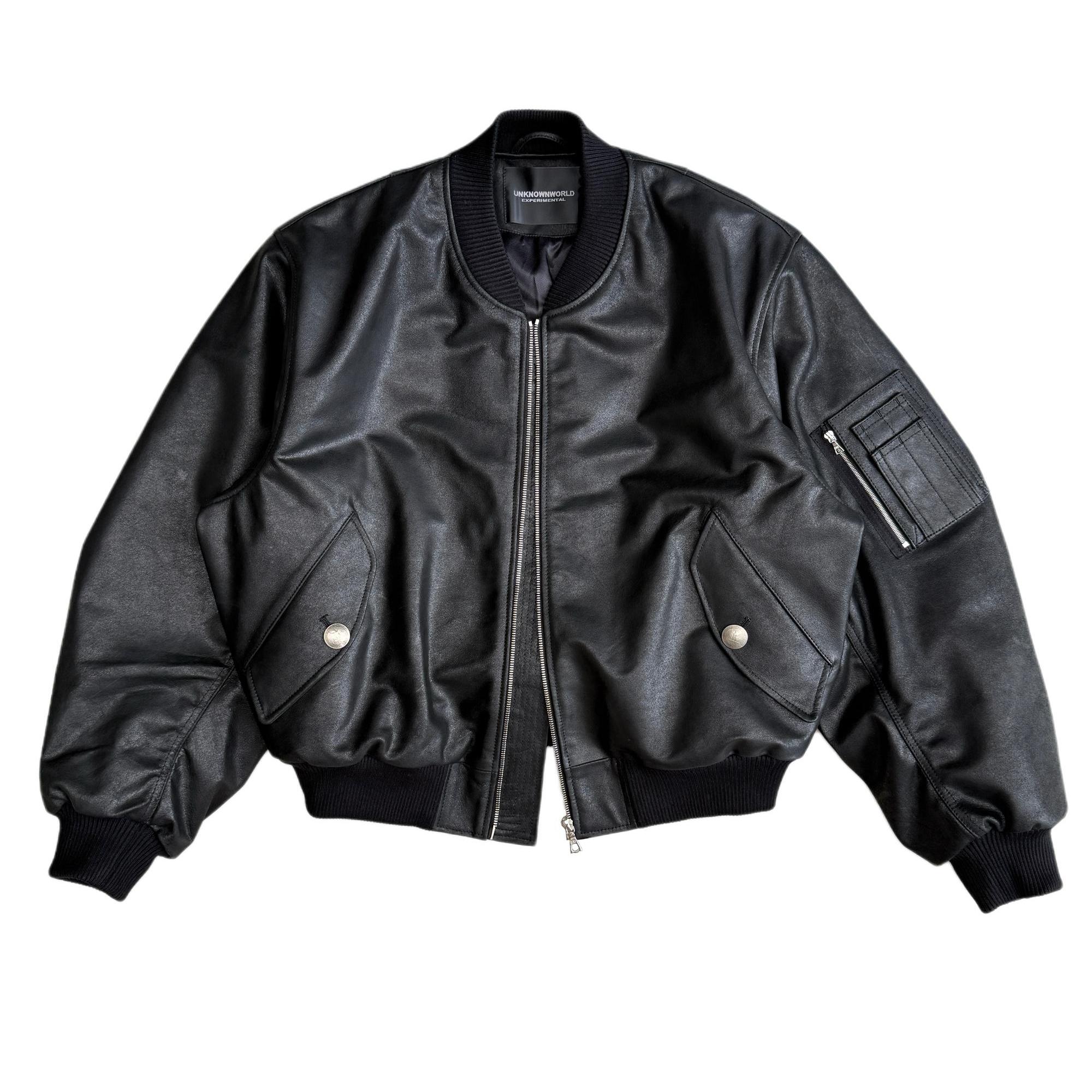 UNKNOWNWORLD 25SS 灼烧牛皮爆裂磨砂质感皮衣棉服Bomber夹克