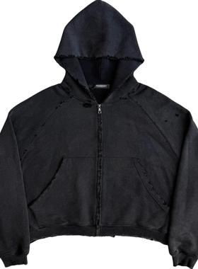 UNKNOWNWORLD 25SS 黑色水洗做旧破坏连帽拉链帽衫卫衣