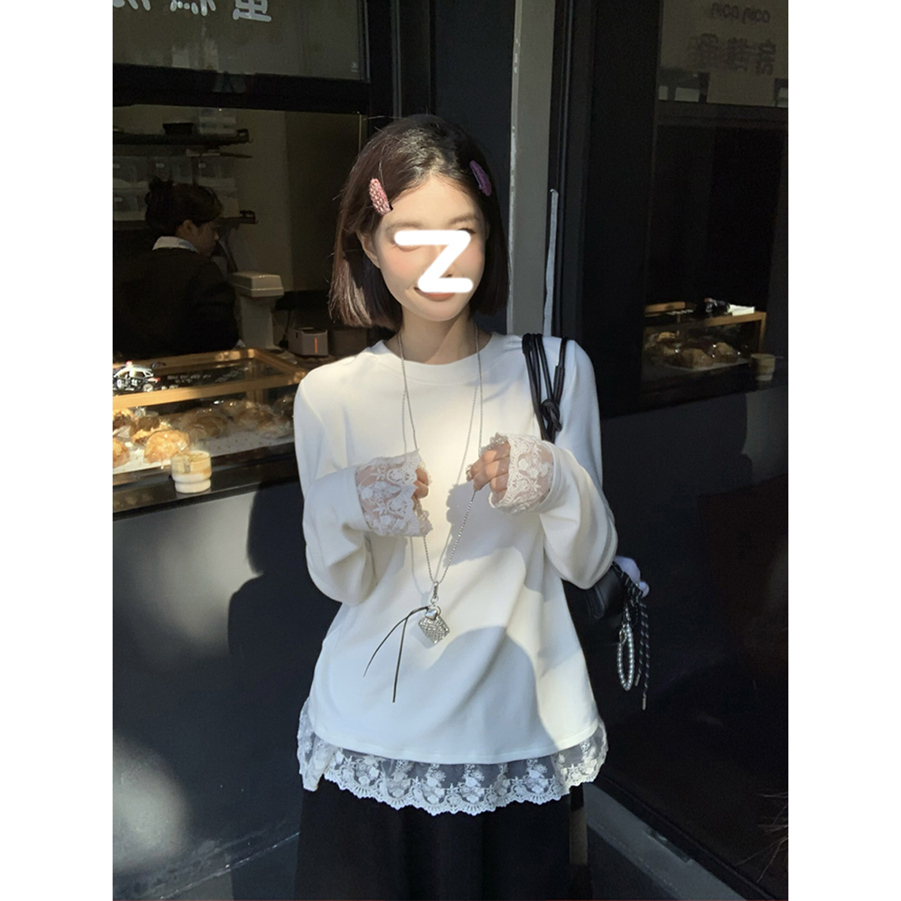 白色圆领蕾丝拼接设计感小众T恤女春秋冬新款宽松百搭打底上衣女