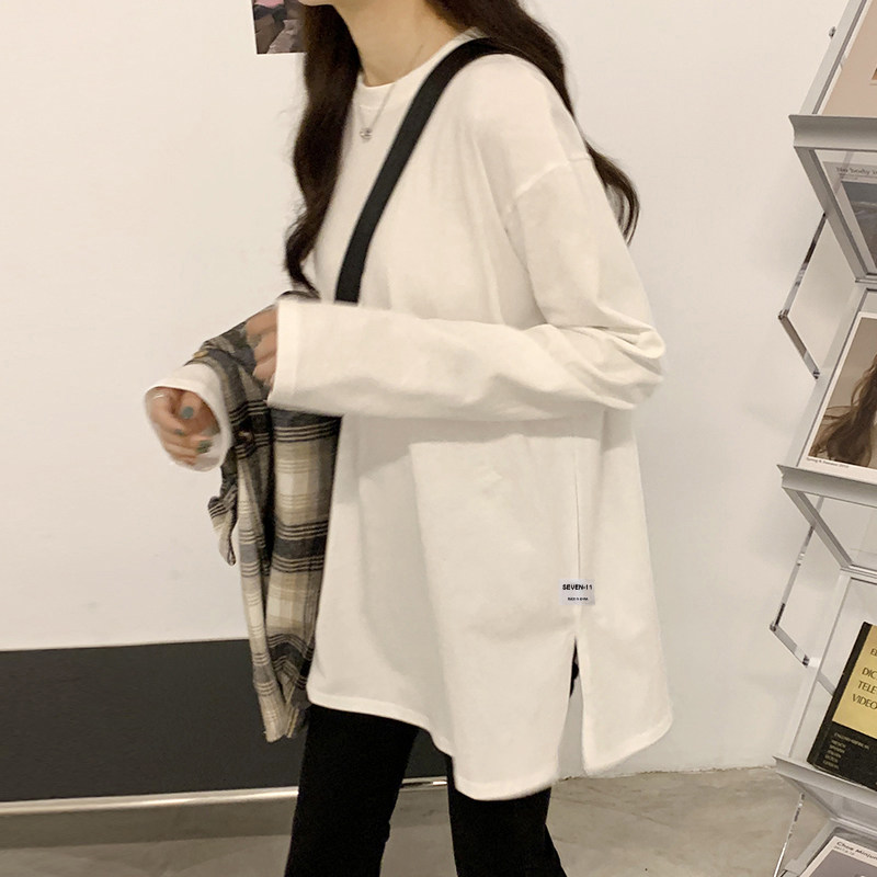 欧货白色长袖t恤女纯棉2026春秋装新款打底衫开叉内搭中长款上衣