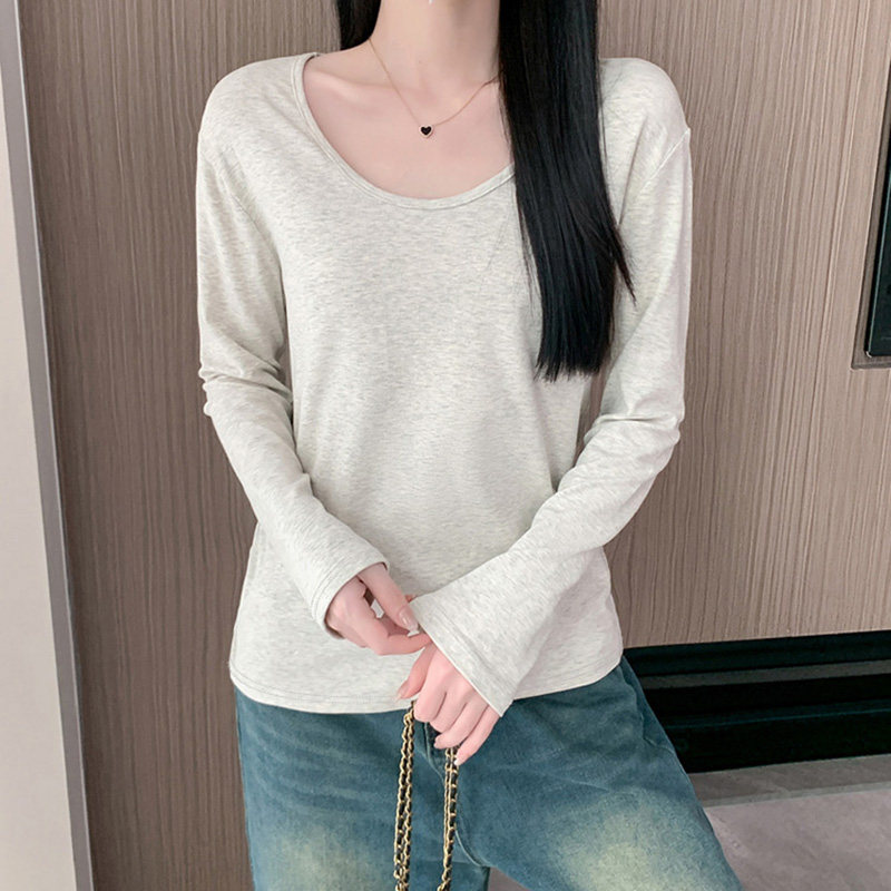 纯欲白色U领打底衫长袖T恤女初秋慵懒感宽松休闲绝美纯色基础上衣
