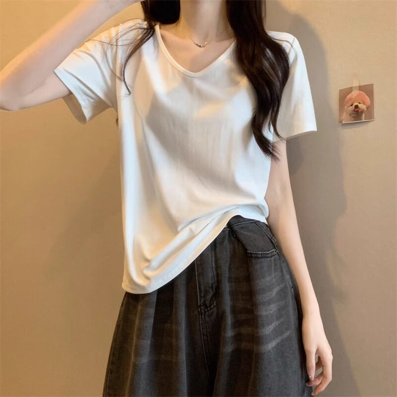 白色U领短袖t恤女2026年春夏正肩韩版叠穿宽松百搭显瘦上衣纯色