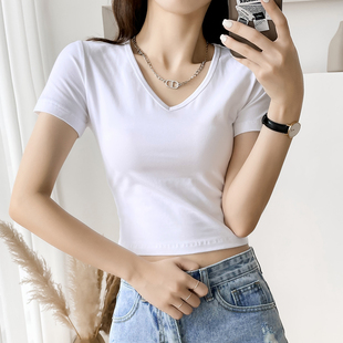 上衣服修身 夏季 爆款 显瘦薄款 v领正肩T恤女士短袖 纯棉短款 2025新款