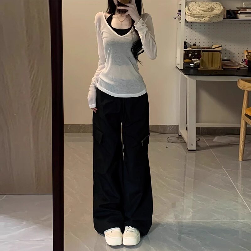 美式辣妹白色v领薄款罩衫女春秋吊带外搭修身收腰长袖t恤上衣外穿
