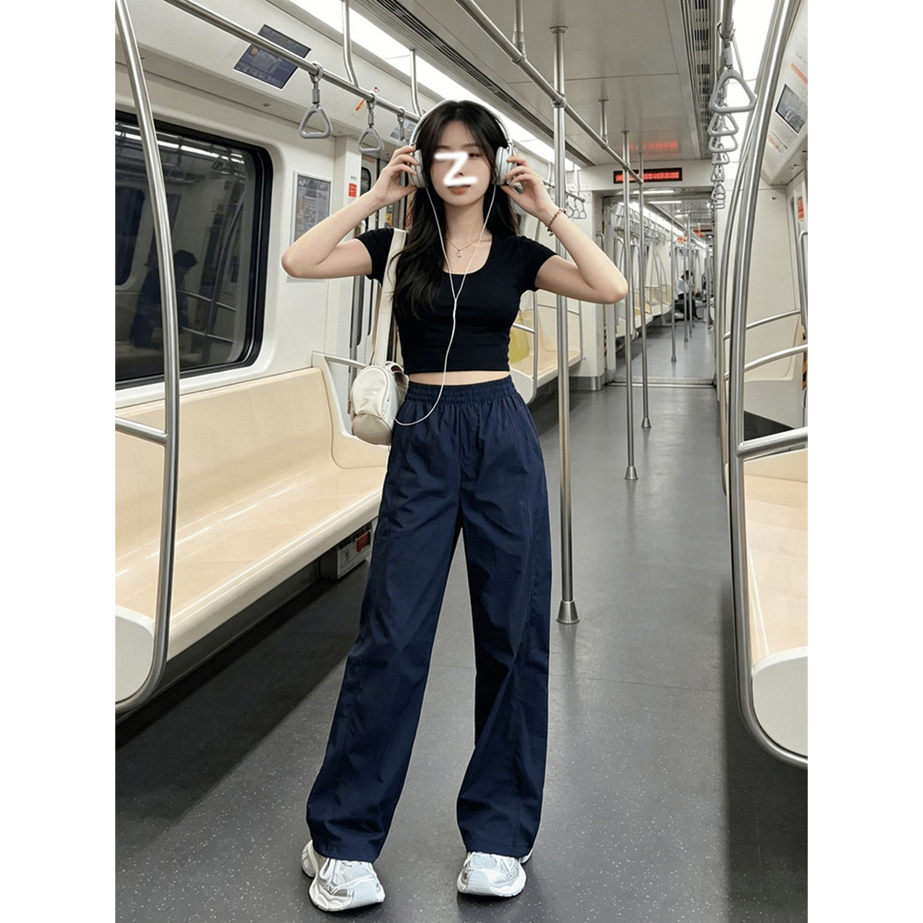 藏青色美式速干阔腿裤女2026夏季薄款新款高腰显瘦冰丝弹力运动裤