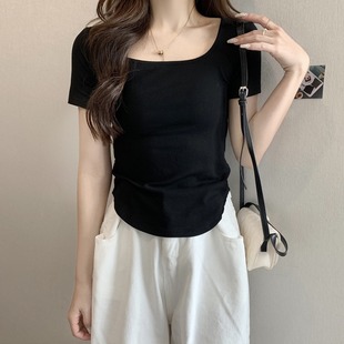 独特漂亮夏天小上衣服短款 正肩T恤女士短袖 爆款 2025新款 方领 夏季