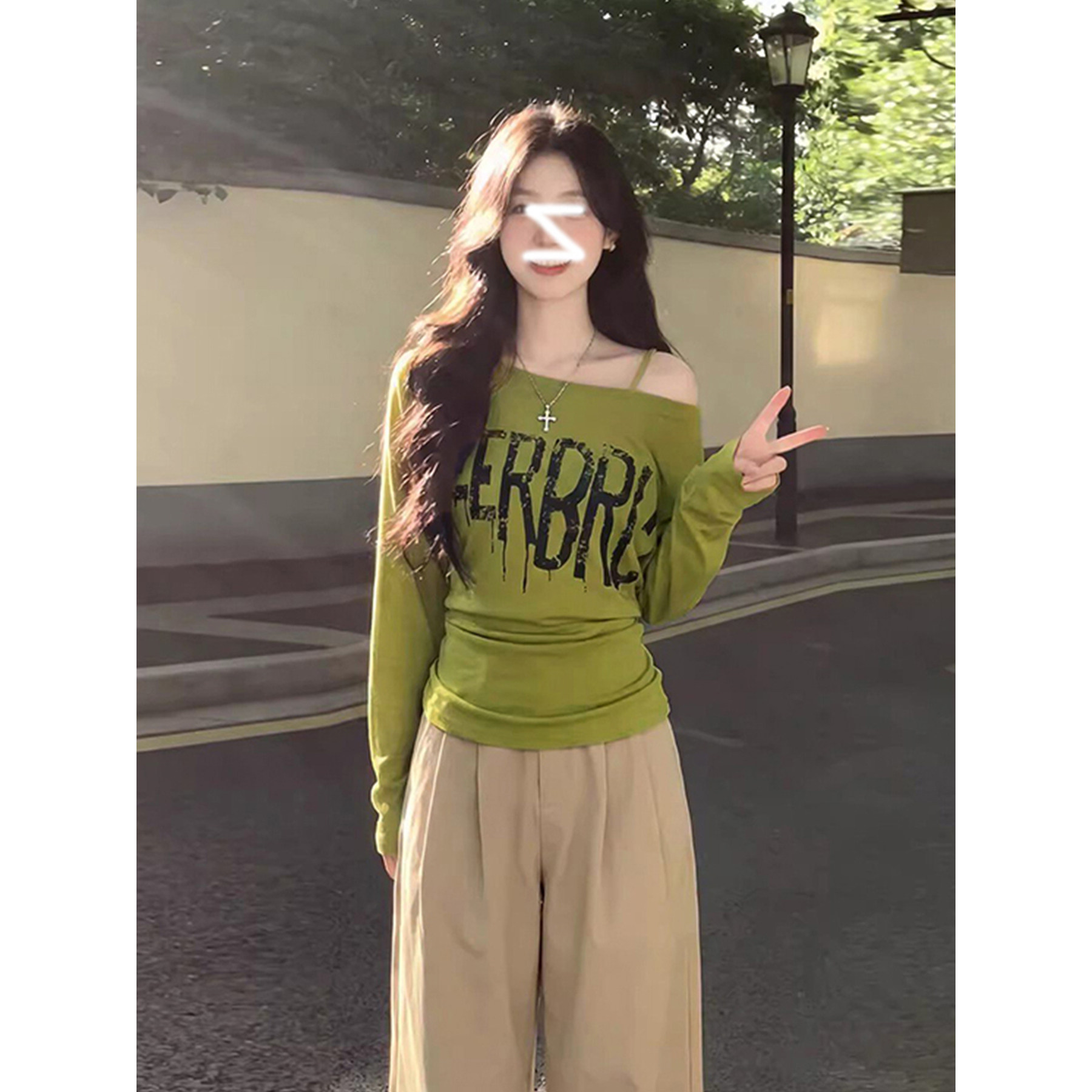 一字领辣妹后背绑带设计收腰显瘦长袖t恤衫女春秋时尚减龄上衣ins
