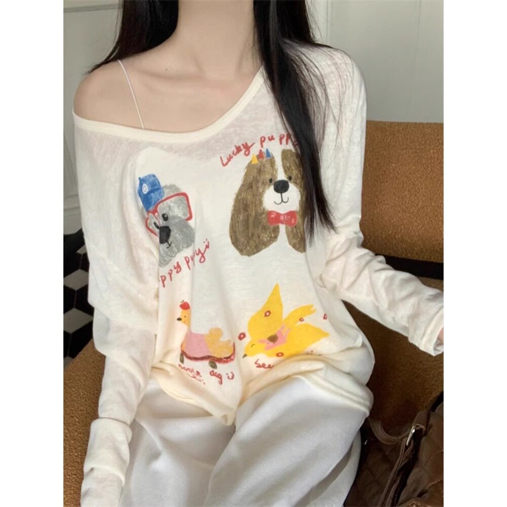 慵懒感小狗印花可爱卡通动物长袖T恤女春秋宽松显瘦减龄百搭上衣