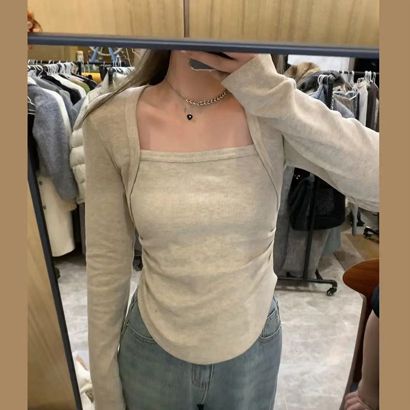 德绒磨毛加厚打底衫女秋冬保暖上衣设计感小众褶皱修身长袖体恤衫