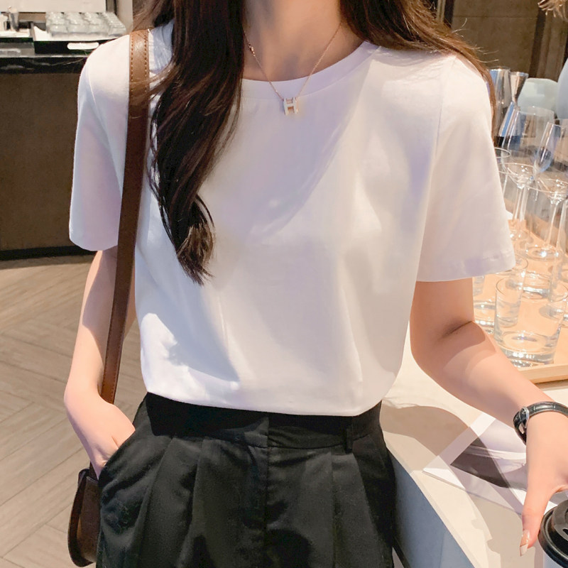 U领正肩纯色短袖T恤女夏季修身遮肉显瘦锁骨设计感体桖上衣ins潮