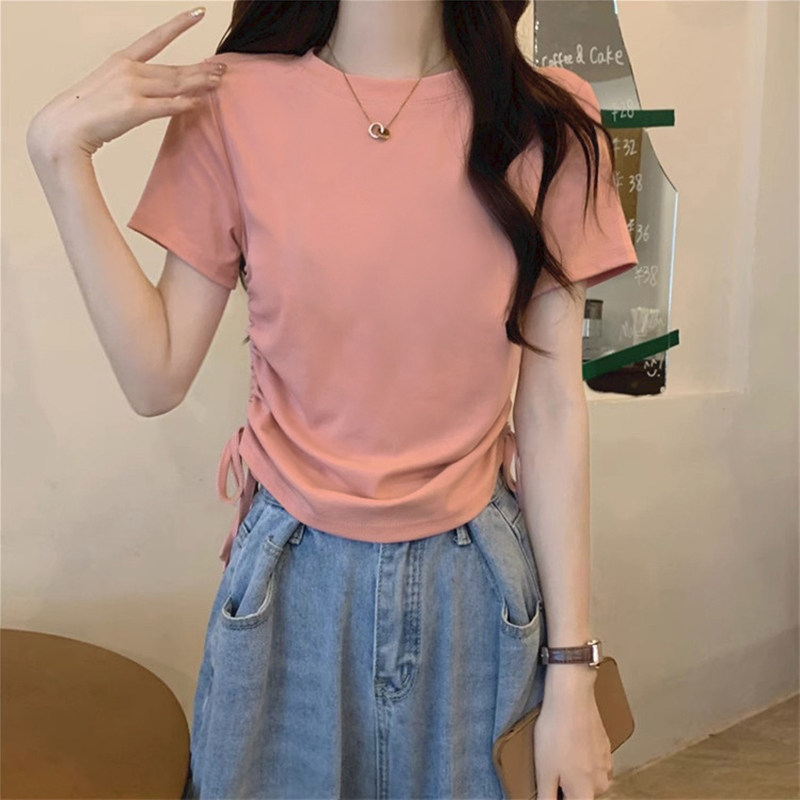 小个子正肩粉色t恤女短款短袖夏季圆领修身设计感辣妹上衣小衫潮