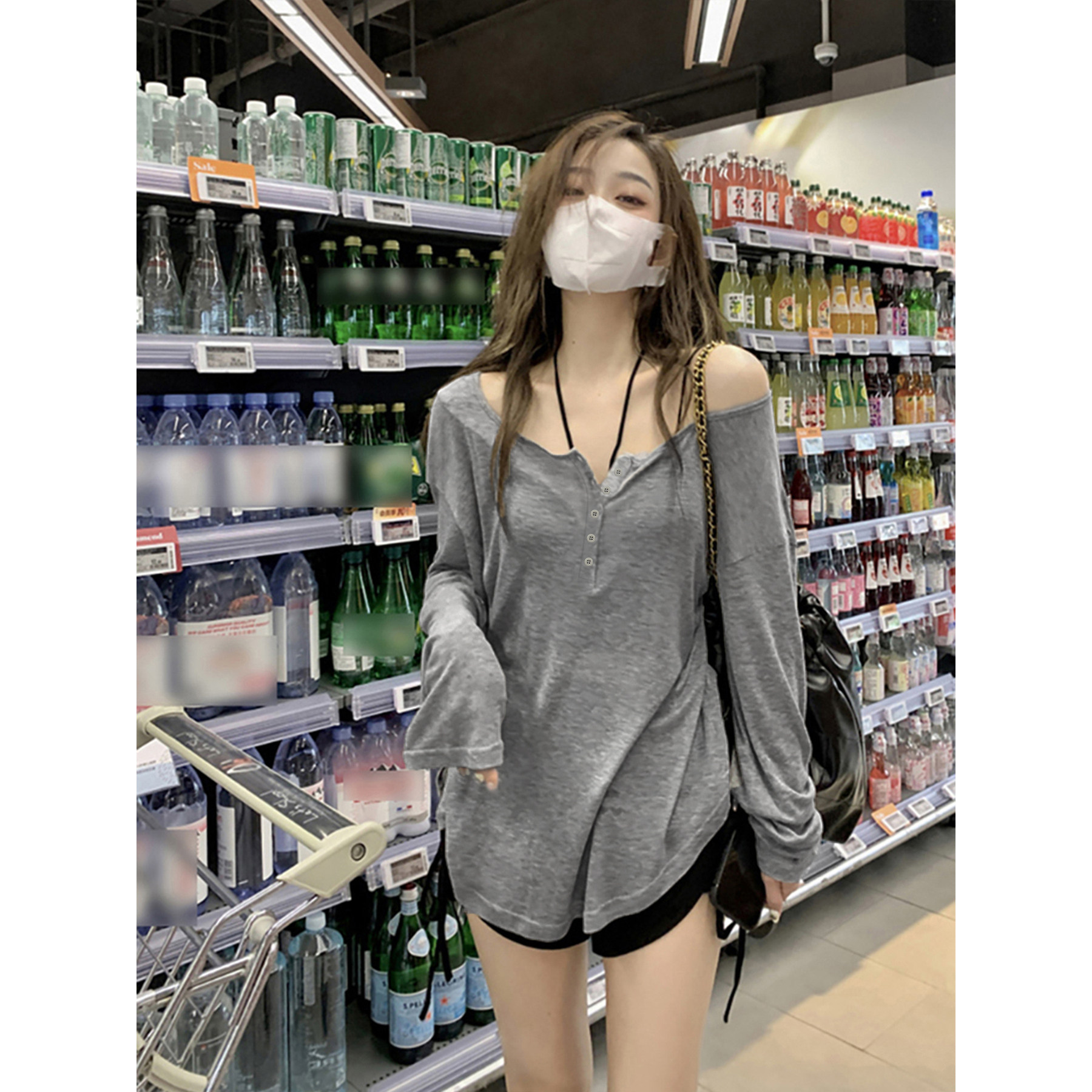 大码胖mm灰色长袖t恤女2026新款春秋薄款宽松小众辣妹上衣小个子