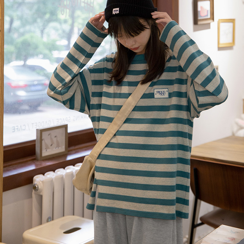 美式复古条纹长袖T恤女春秋衣新款韩版宽松显瘦洋气百搭外穿上衣