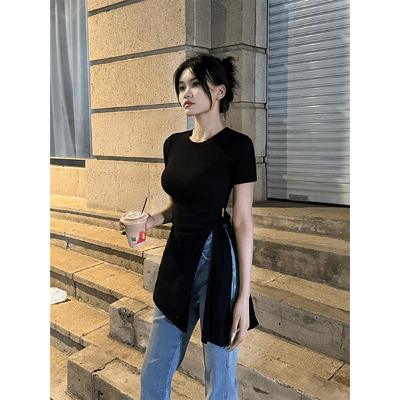 纯棉T恤女短袖不规则开叉绑带